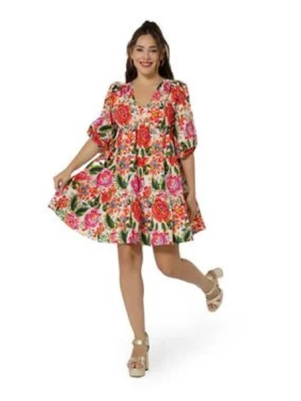 Leota Floral V-Neck Tiered Mini Dress in Multi-Color